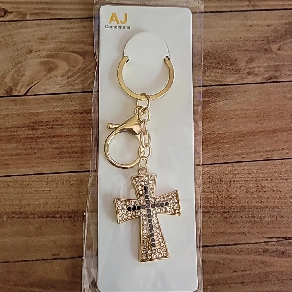 Rhinestone Black and Gold Toned Cross Keychain Keyholder